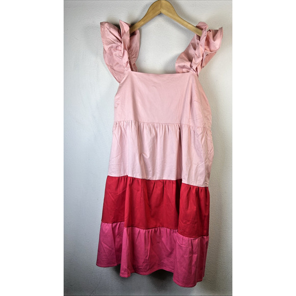 Lauren Conrad large Pink Red Tiered Ruffle Swing Dress Tie Back Cutout Sz L NWT - Picture 3 of 11